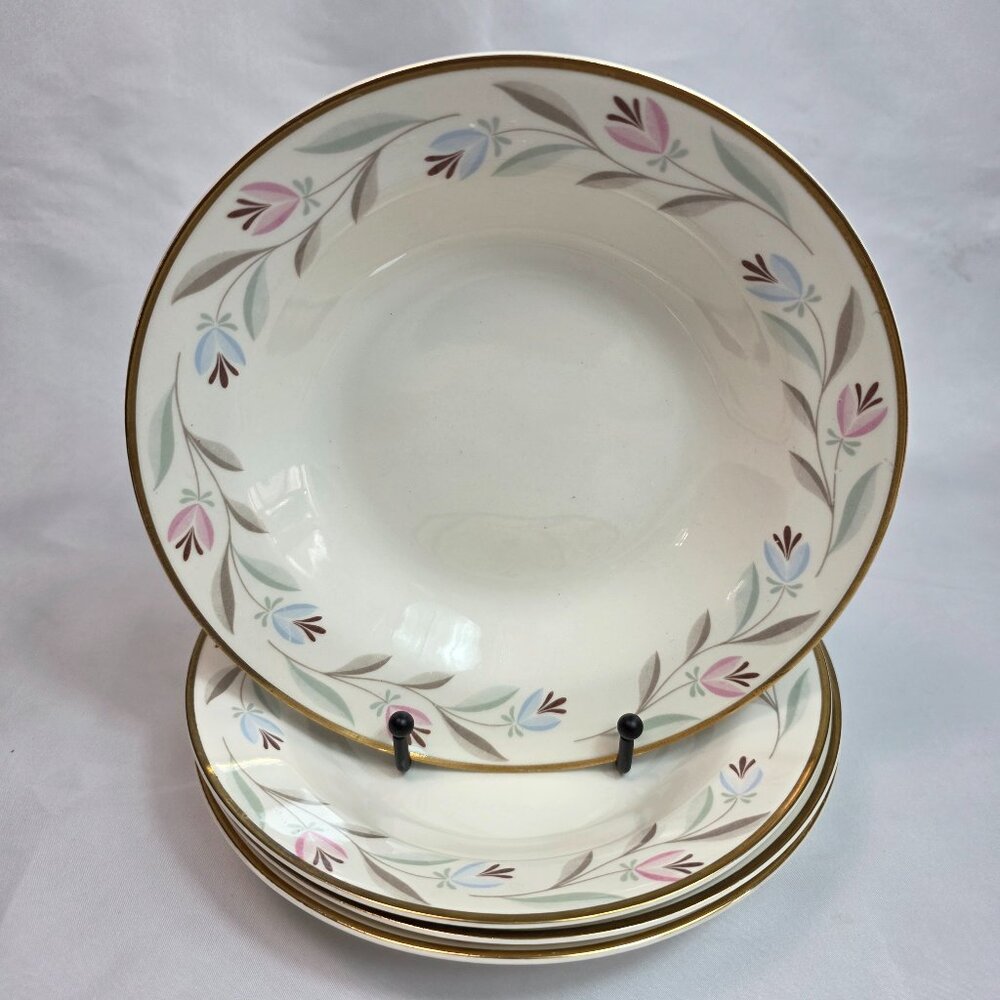 FOUR Homer Laughlin Nantucket Rim Soup Bowls White with Pink & Blue Flowers